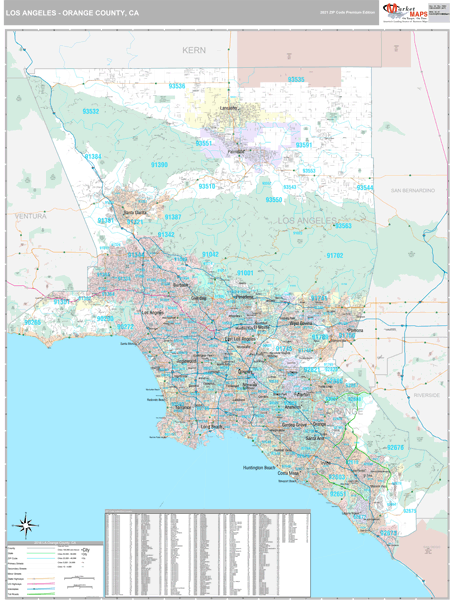Los Angeles-Orange Counties, CA Wall Map